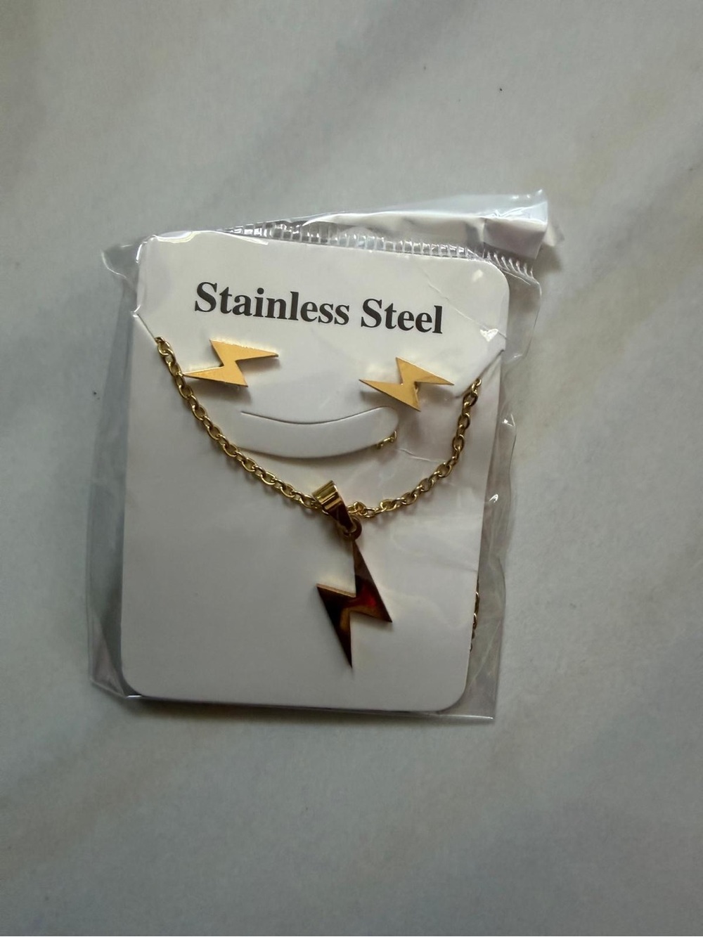 Gold Lightning Bolt Necklace and Stud Earrings Set